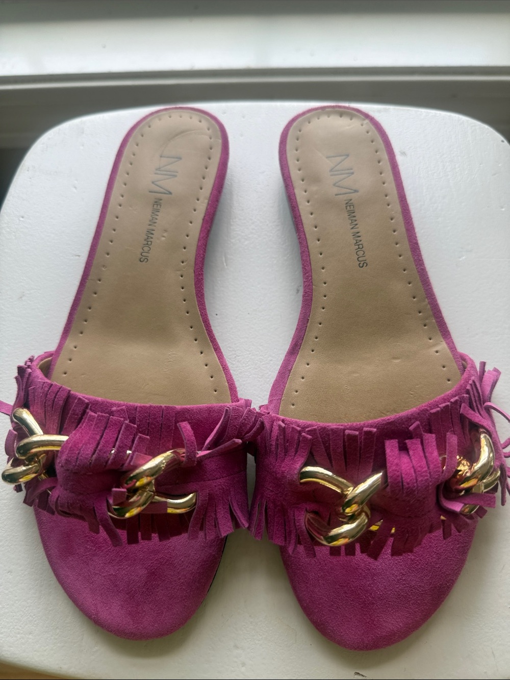 Neiman Marcus Pink Suede Fringe Slide Sandals with Gold Chain Accent